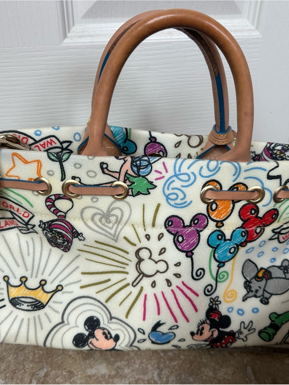 Dooney & Bourke Cream Disney Minnie & Mickey Canvas Tote with Tan Leather Trim - Picture 2 of 3